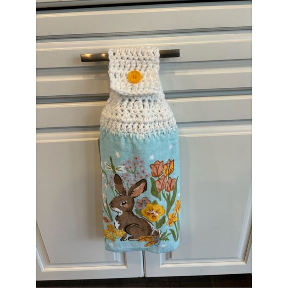 Crochet Top Kitchen Towel-Spring bunny with flowers - Picture 1 of 2